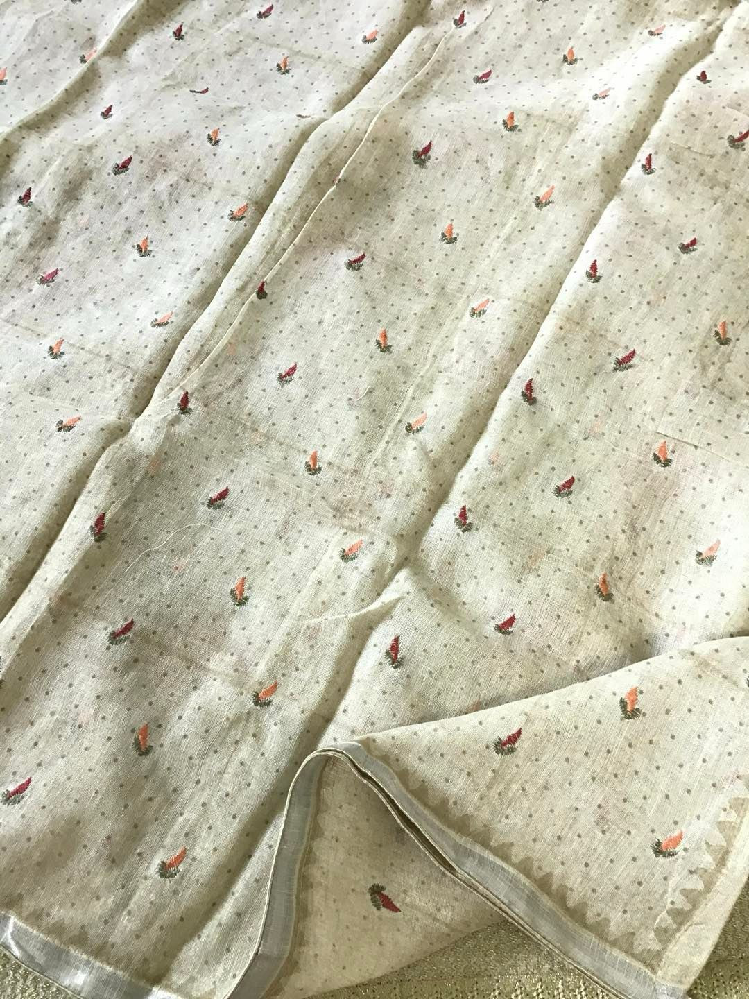 Pure Linen Jute Cotton Printed Embroidered Suit - Beige