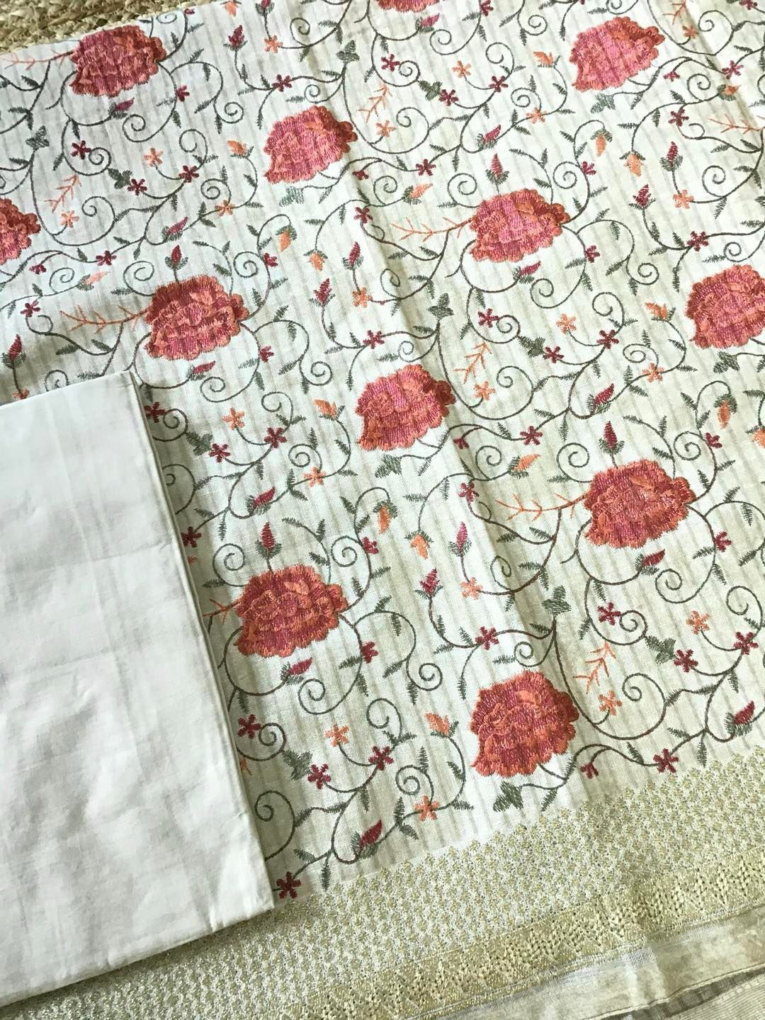 Pure Linen Jute Cotton Printed Embroidered Suit - Beige