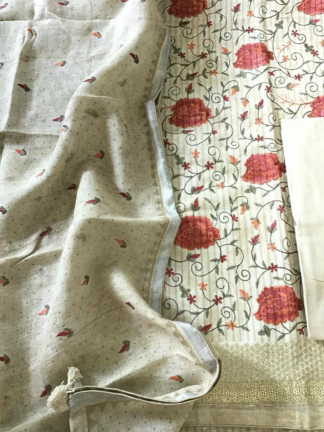 Pure Linen Jute Cotton Printed Embroidered Suit - Beige