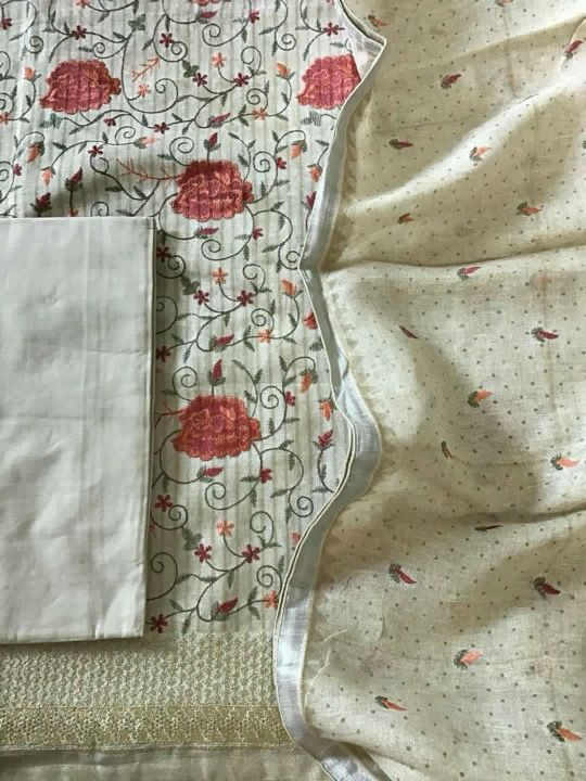 Pure Linen Jute Cotton Printed Embroidered Suit - Beige