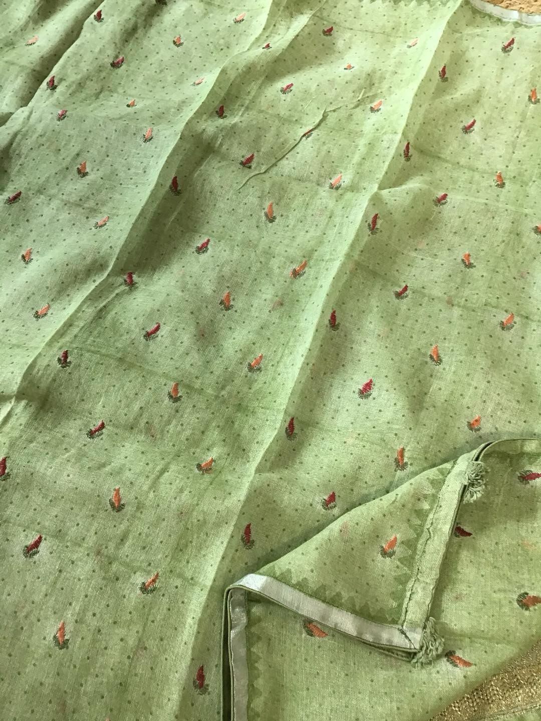 Pure Linen Jute Cotton Printed Embroidered Suit - Green
