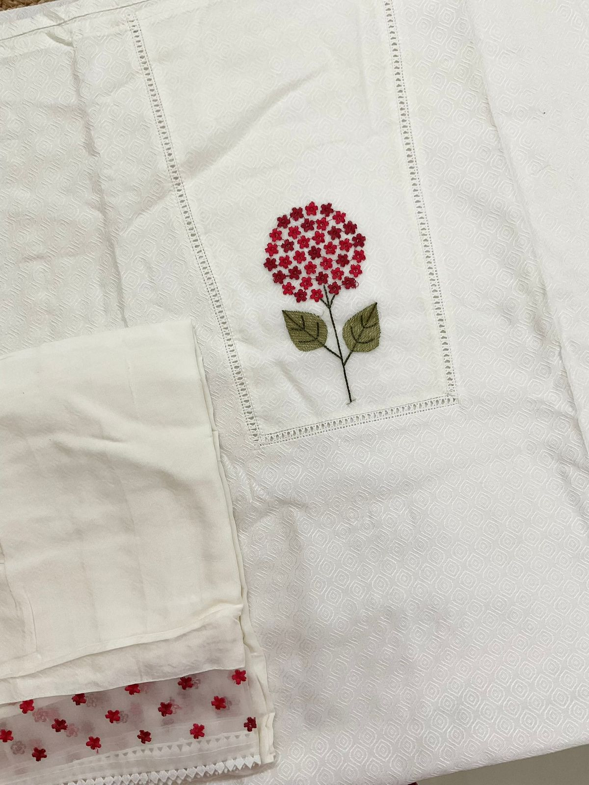 Pure Cotton Silk Self Weaved Embroidered Suit - Off White