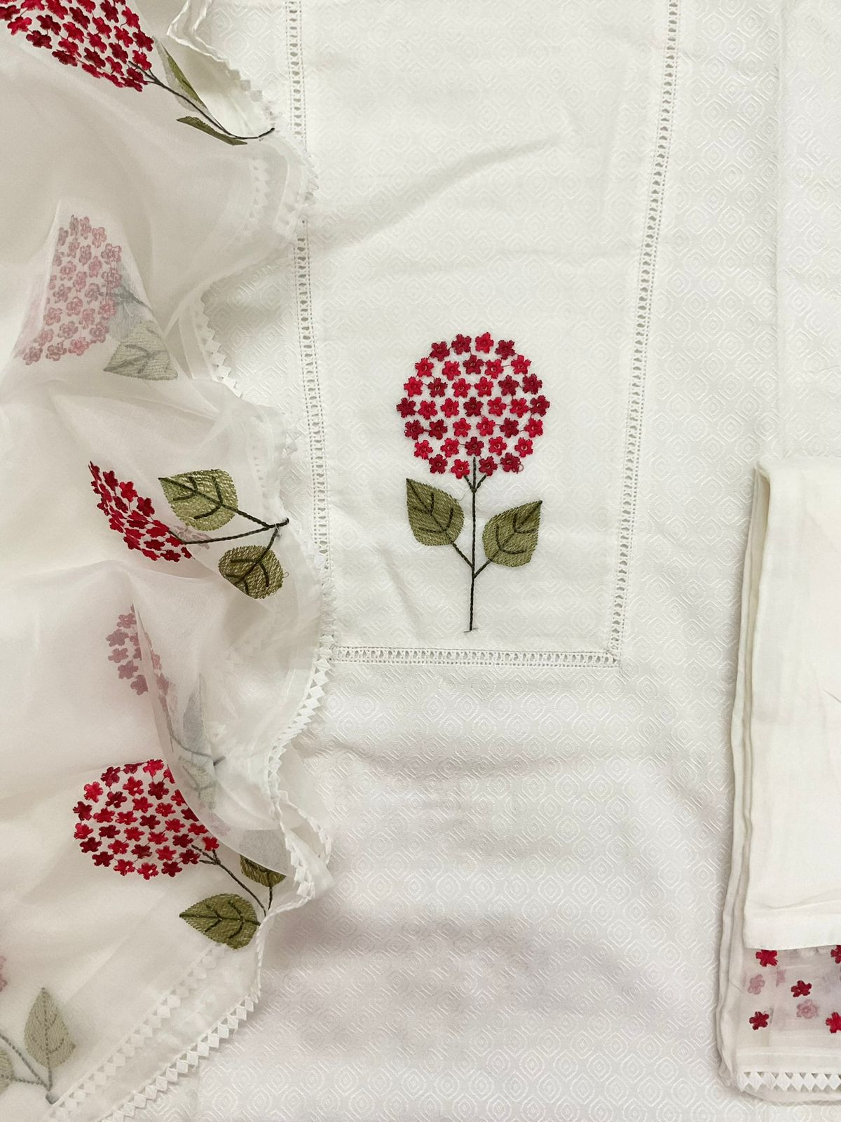 Pure Cotton Silk Self Weaved Embroidered Suit - Off White