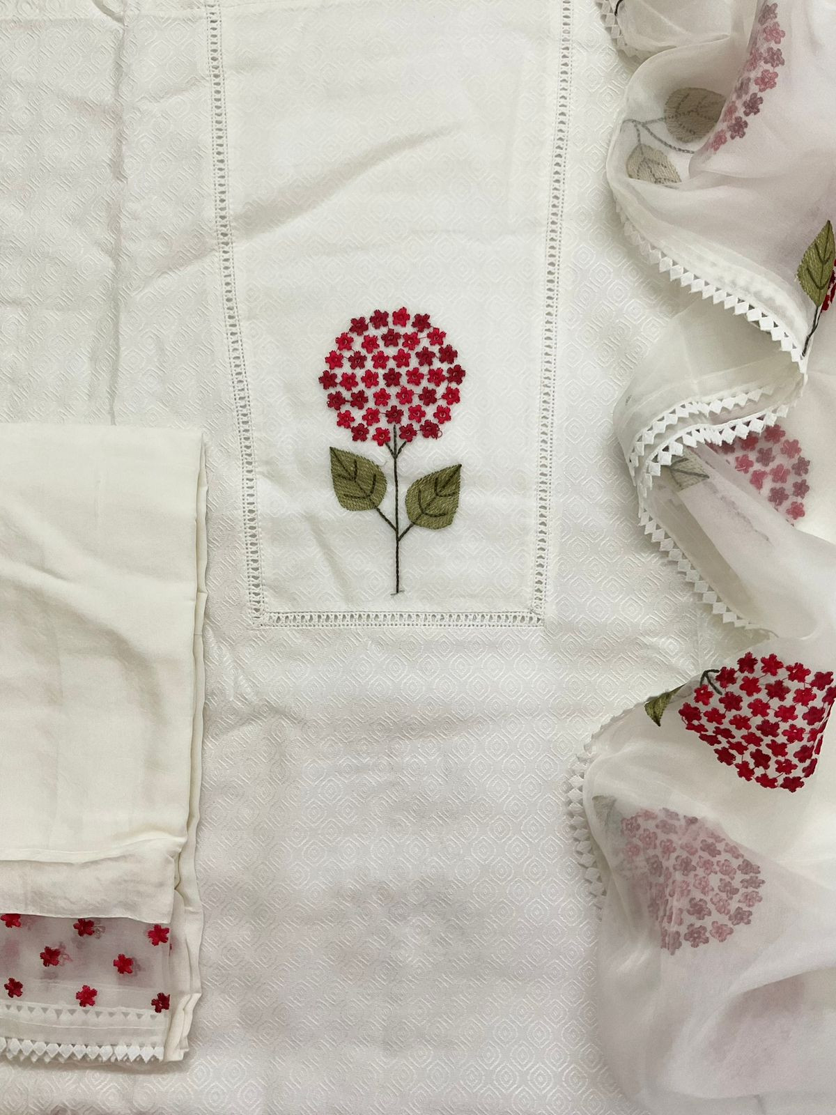 Pure Cotton Silk Self Weaved Embroidered Suit - Off White