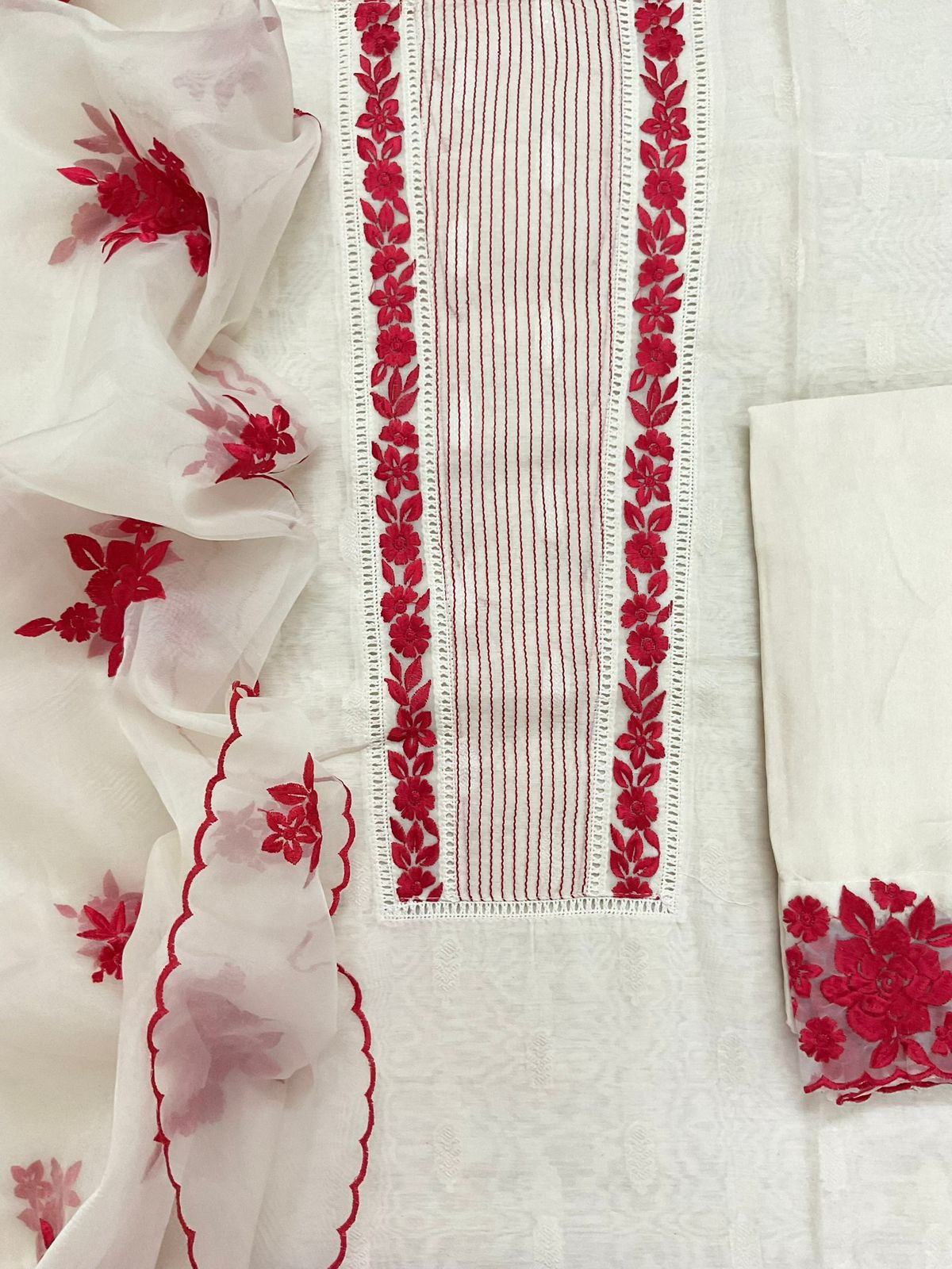 Pure Chanderi Self Weaved Embroidered Suit - Cream