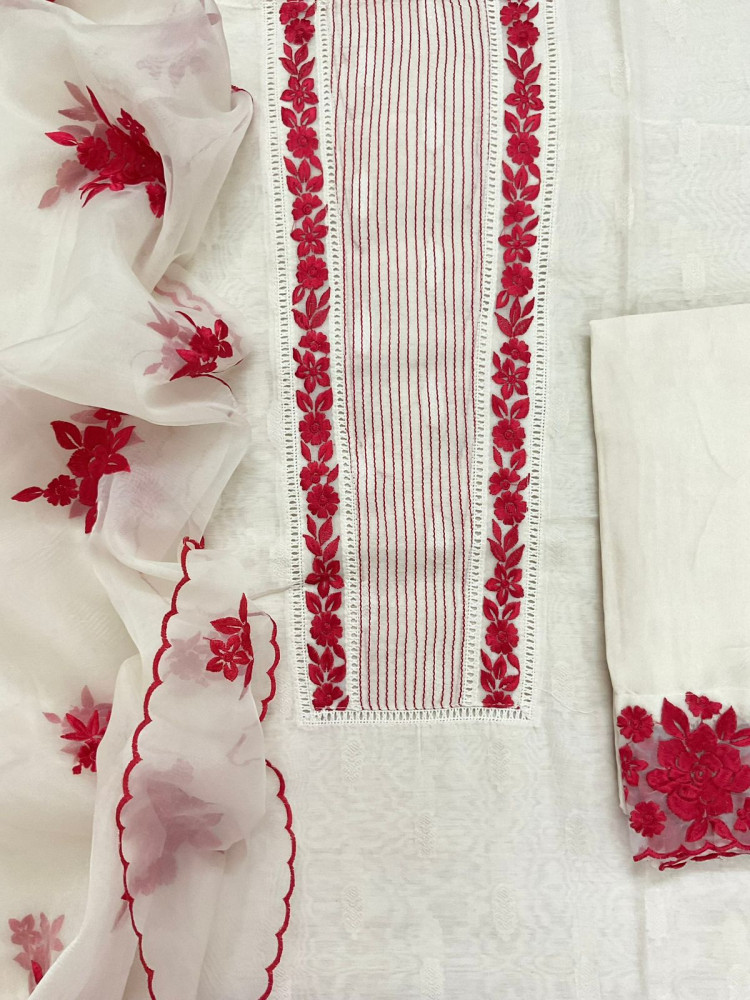 Image of Pure Chanderi Self Weaved Embroidered Suit - Cream