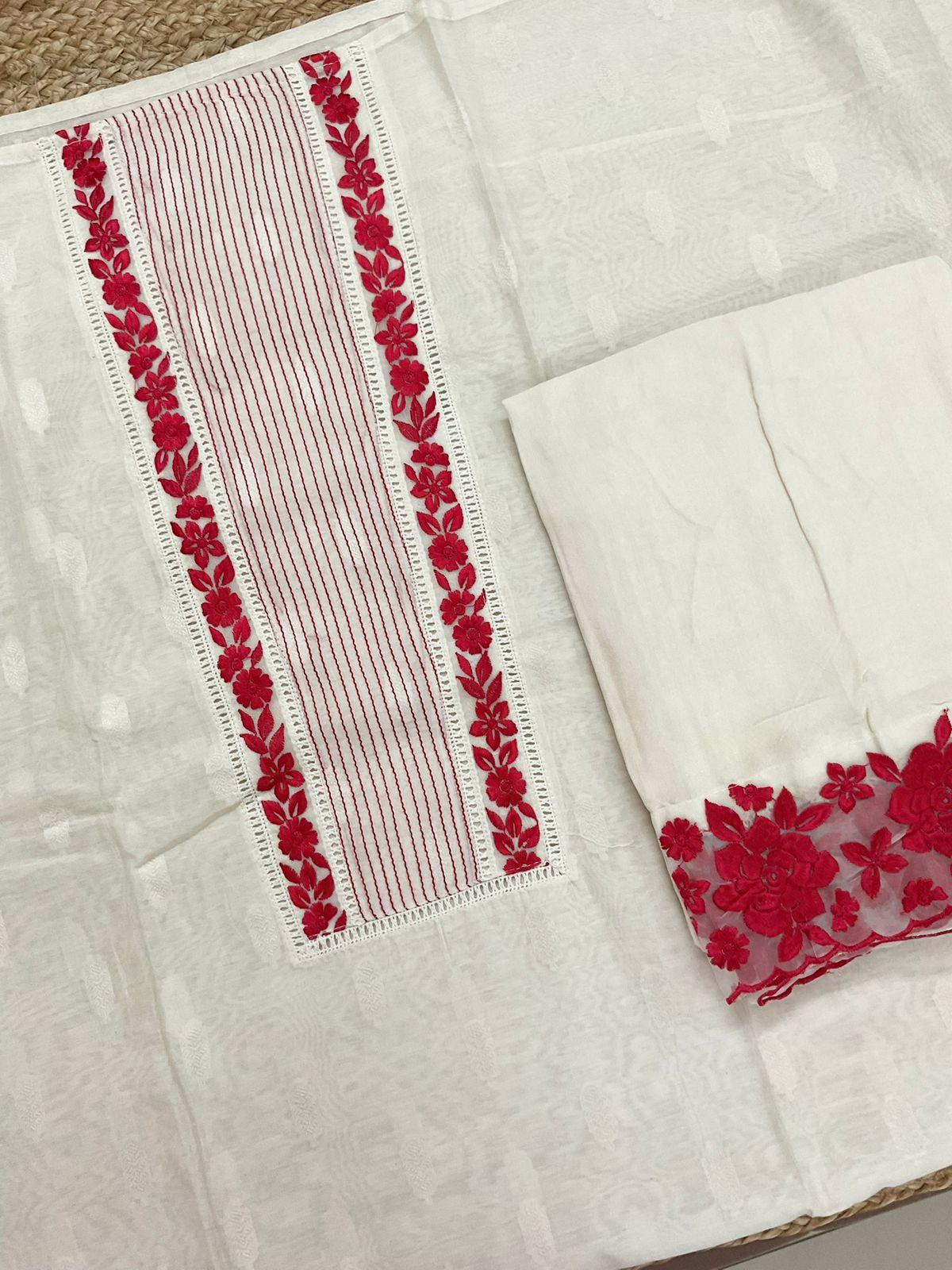 Pure Chanderi Self Weaved Embroidered Suit - Cream