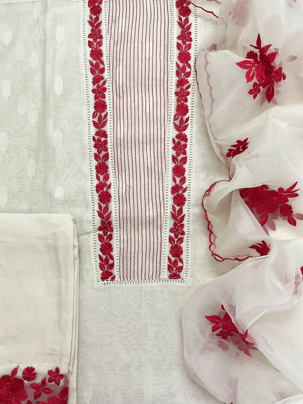 Pure Chanderi Self Weaved Embroidered Suit - Cream