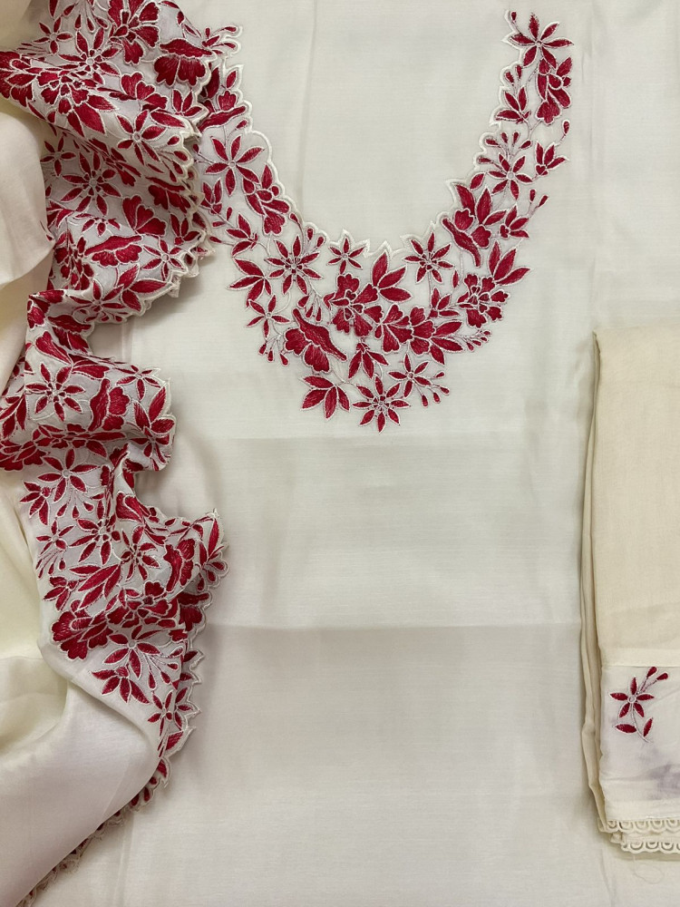 Image of Soft Muslin Silk Embroidered Suit - Cream