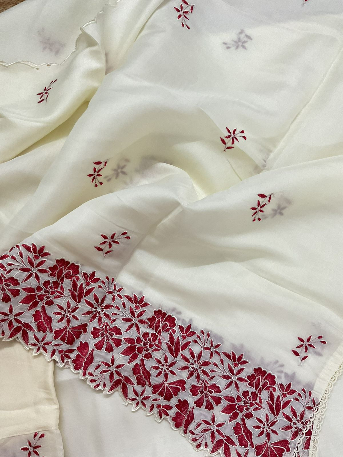 Soft Muslin Silk Embroidered Suit - Cream