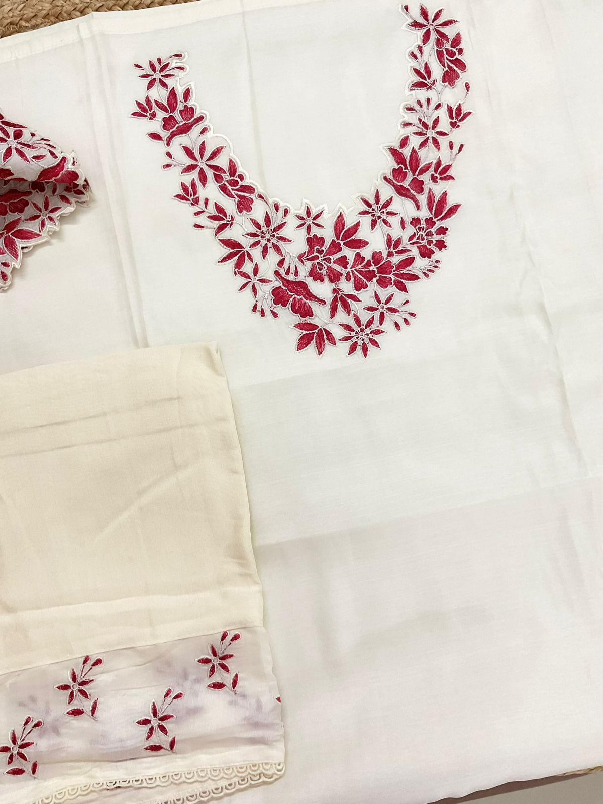 Soft Muslin Silk Embroidered Suit - Cream