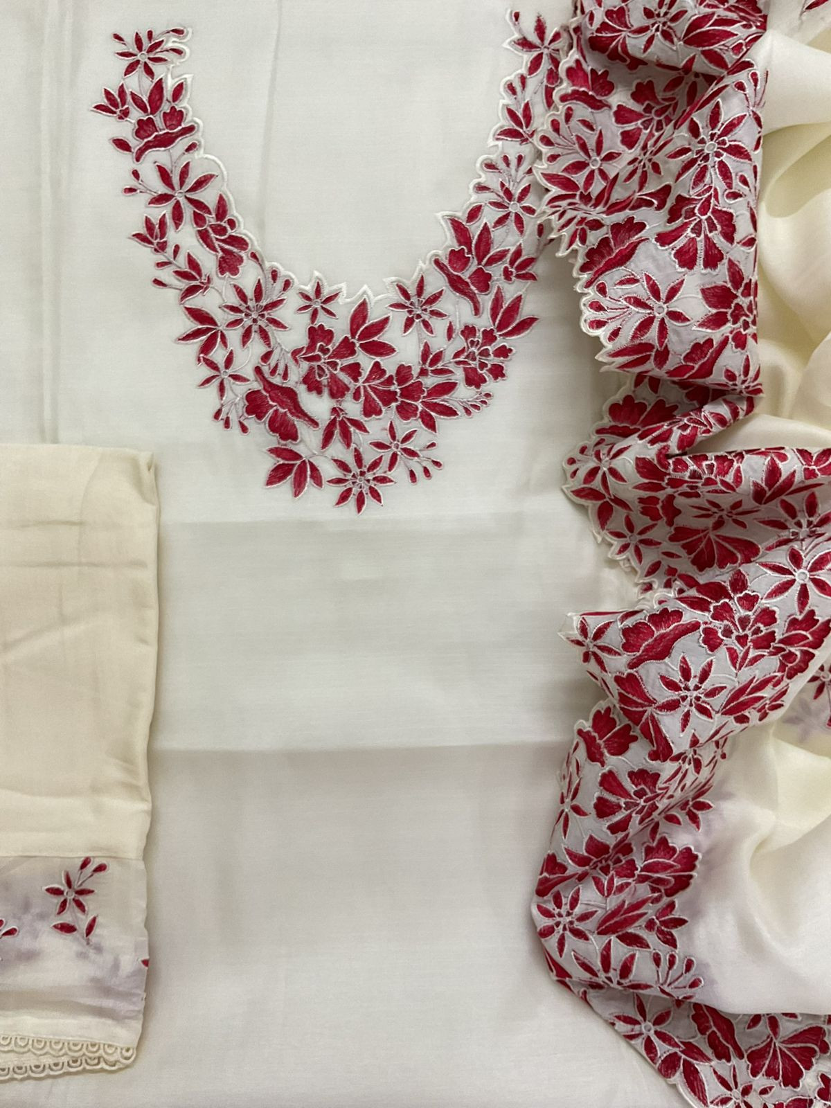 Soft Muslin Silk Embroidered Suit - Cream