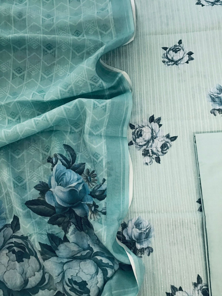 Image of Pure Cotton Printed Self Weaved Suit - Blue