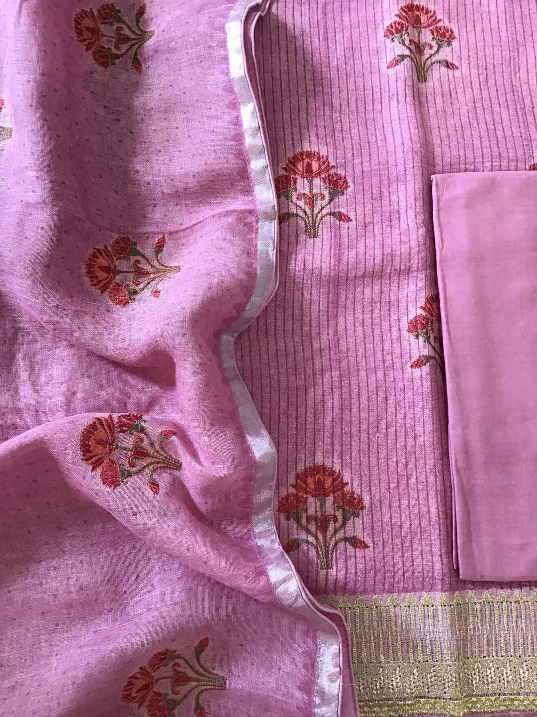 Pure Linen Jute Cotton Printed Embroidered Suit - Pink