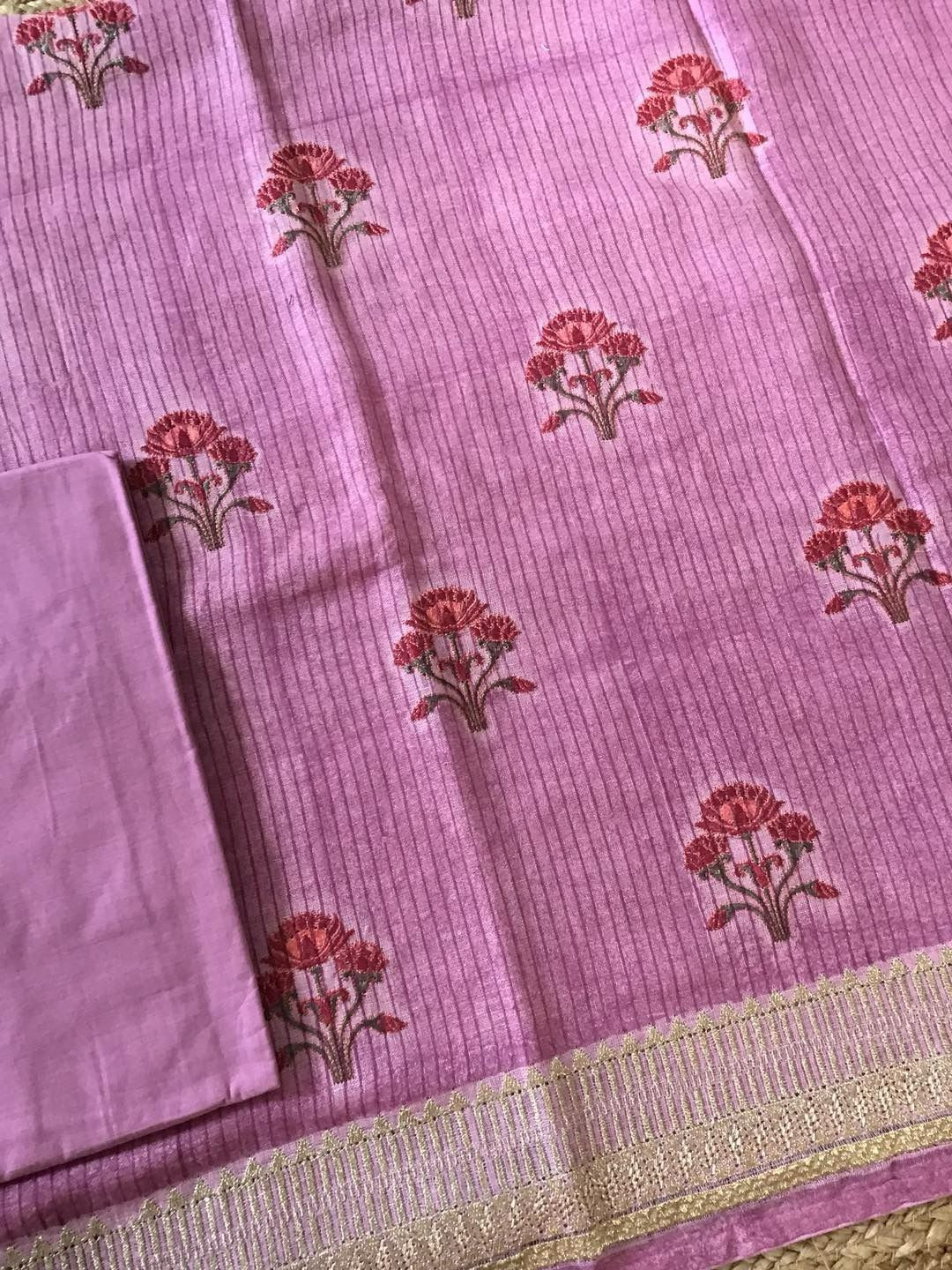 Pure Linen Jute Cotton Printed Embroidered Suit - Pink