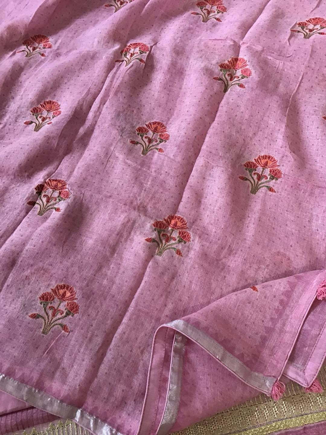 Pure Linen Jute Cotton Printed Embroidered Suit - Pink