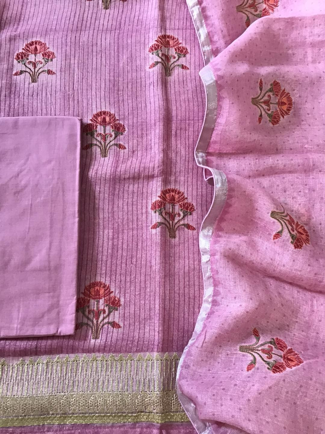 Pure Linen Jute Cotton Printed Embroidered Suit - Pink