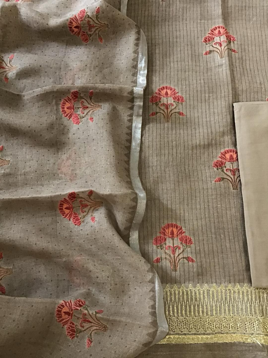 Pure Linen Jute Cotton Printed Embroidered Suit - Brown