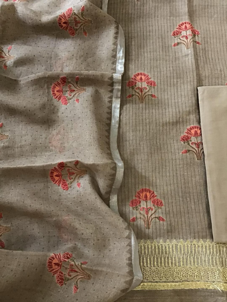 Image of Pure Linen Jute Cotton Printed Embroidered Suit - Brown