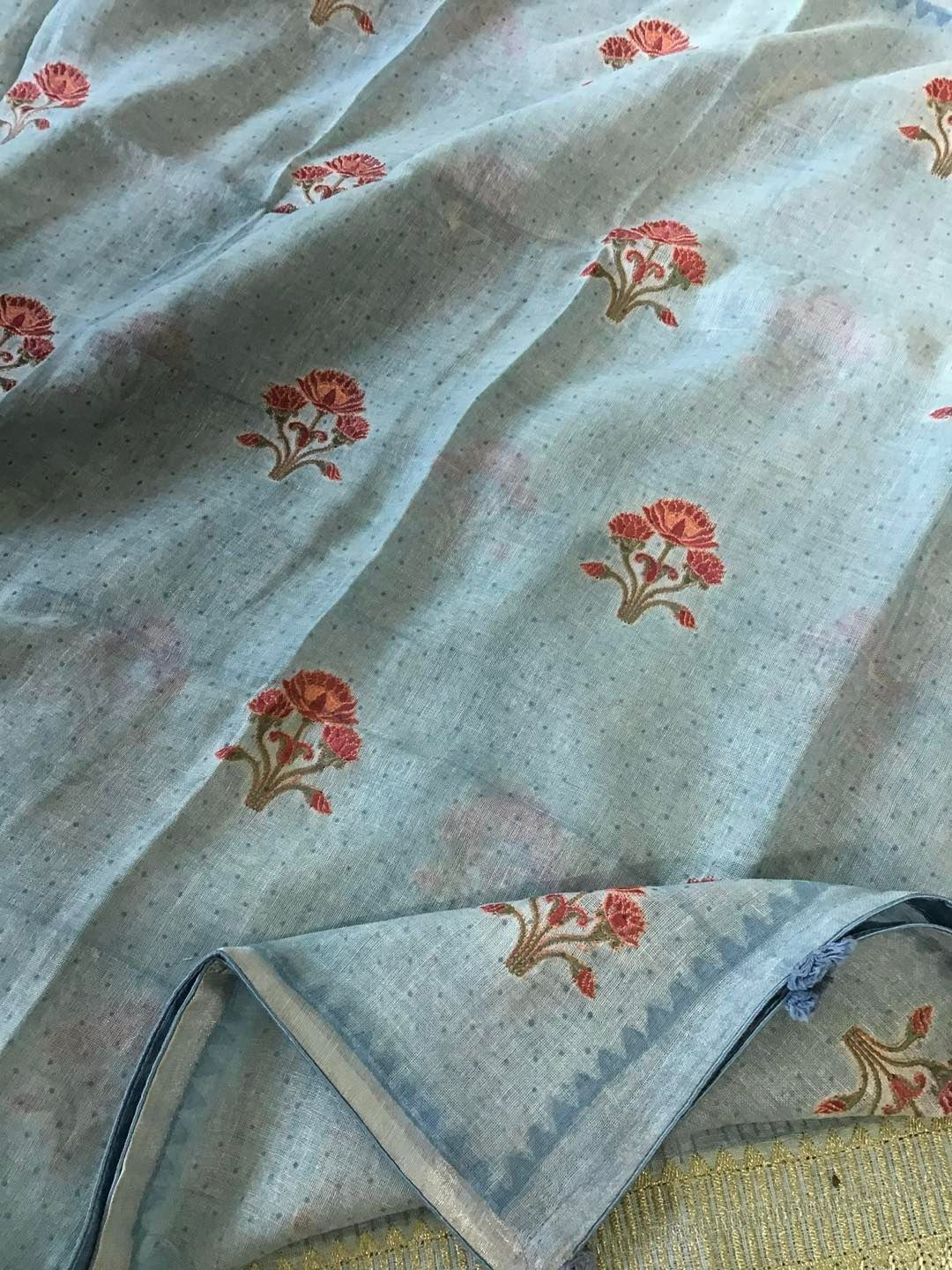 Pure Linen Jute Cotton Printed Embroidered Suit - Blue