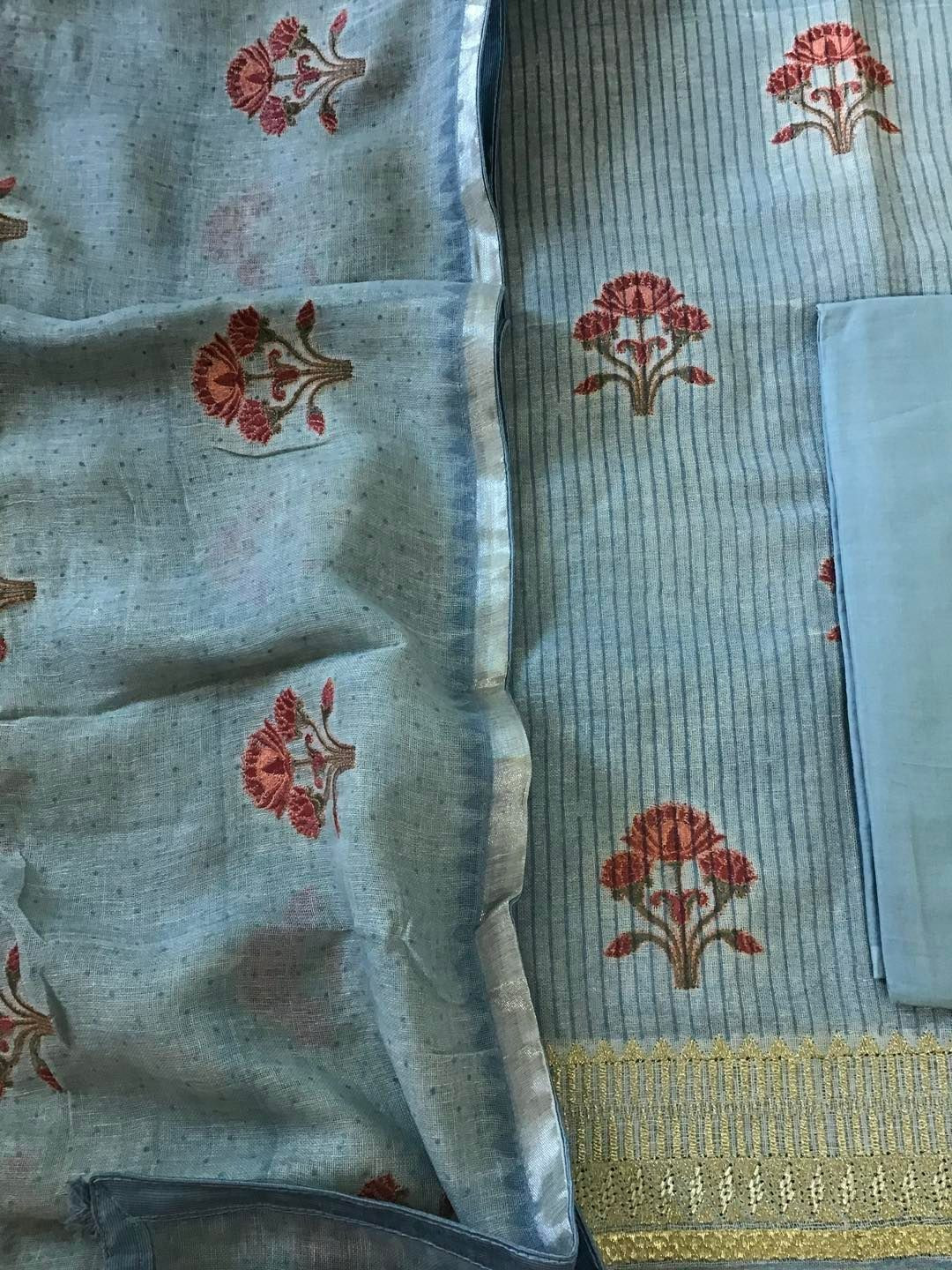 Pure Linen Jute Cotton Printed Embroidered Suit - Blue