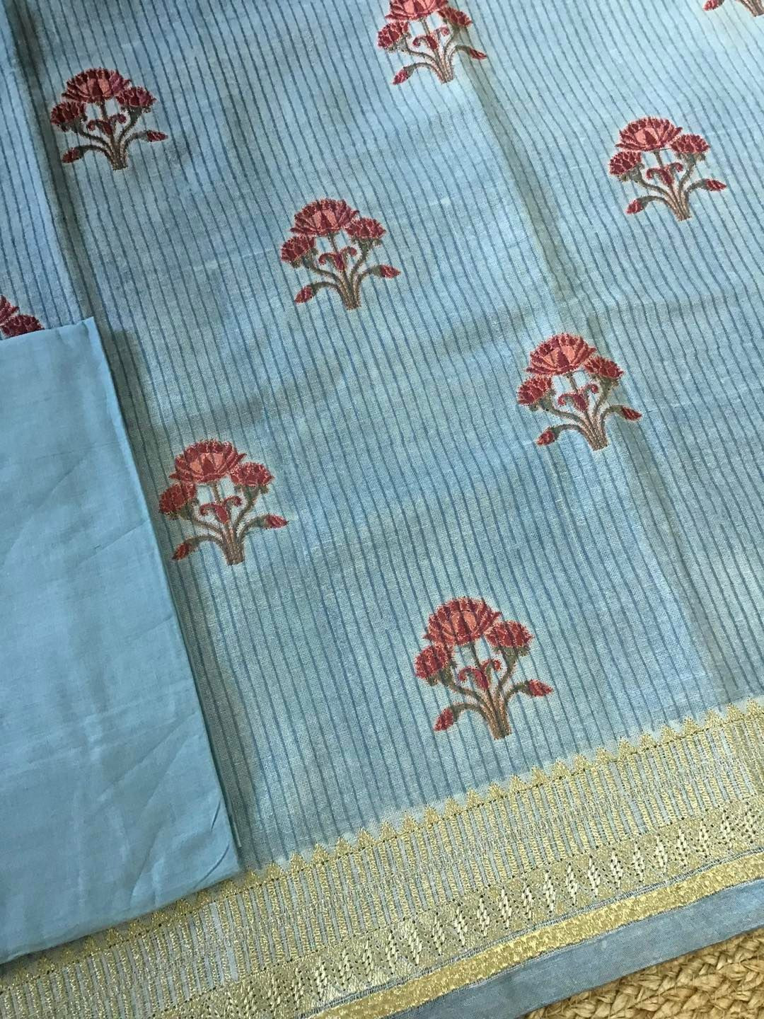 Pure Linen Jute Cotton Printed Embroidered Suit - Blue