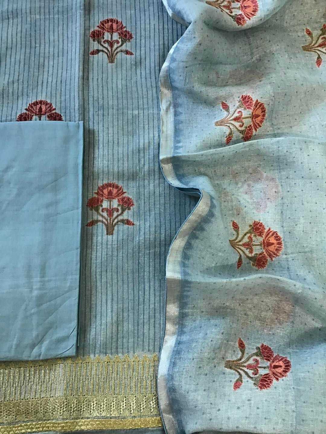 Pure Linen Jute Cotton Printed Embroidered Suit - Blue