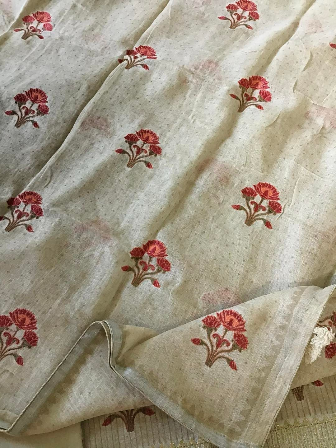 Pure Linen Jute Cotton Printed Embroidered Suit - Beige
