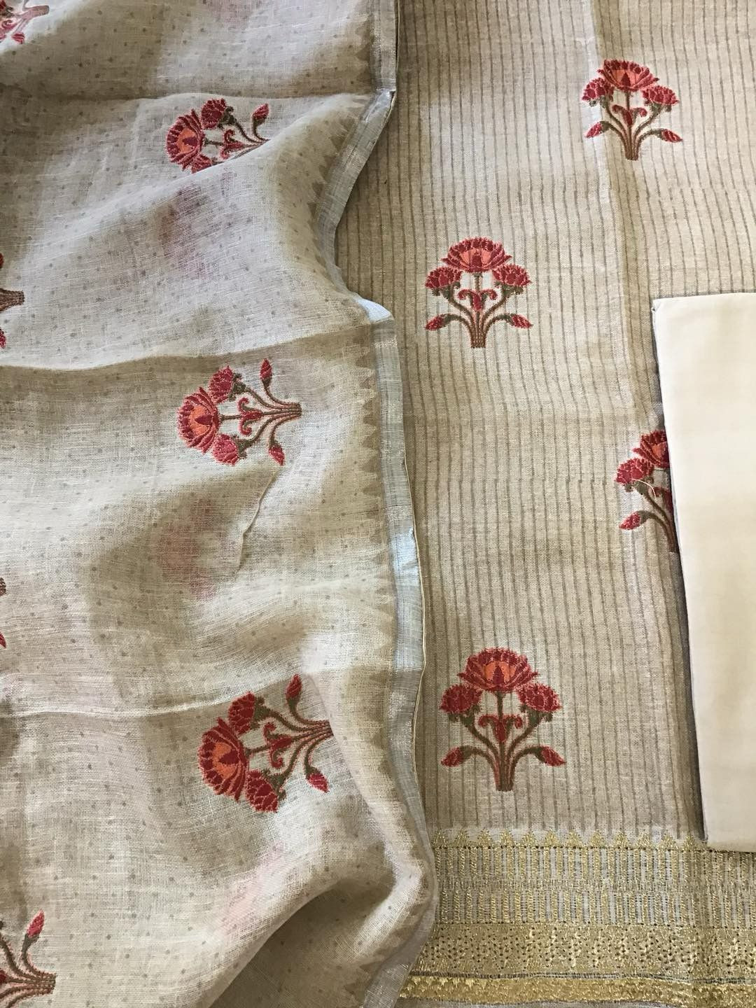 Pure Linen Jute Cotton Printed Embroidered Suit - Beige