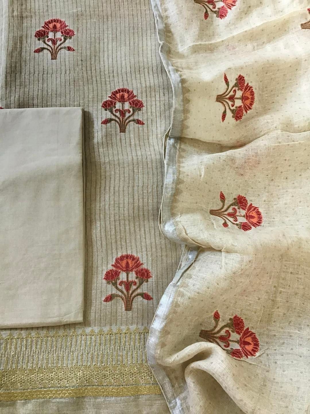 Pure Linen Jute Cotton Printed Embroidered Suit - Beige