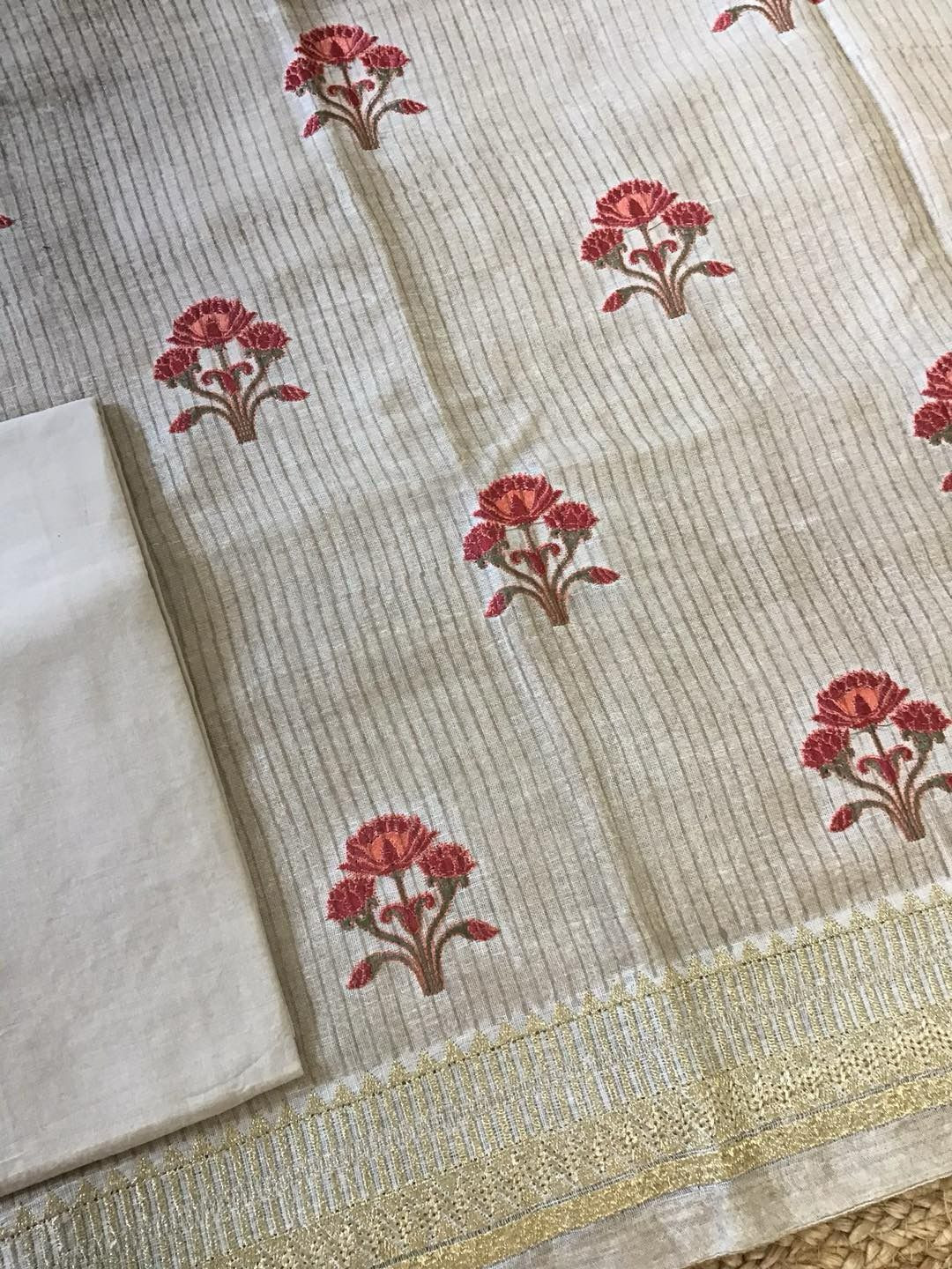 Pure Linen Jute Cotton Printed Embroidered Suit - Beige