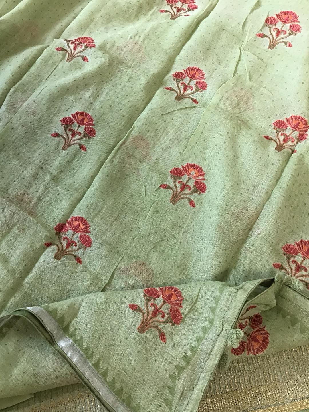 Pure Linen Jute Cotton Printed Embroidered Suit - Green