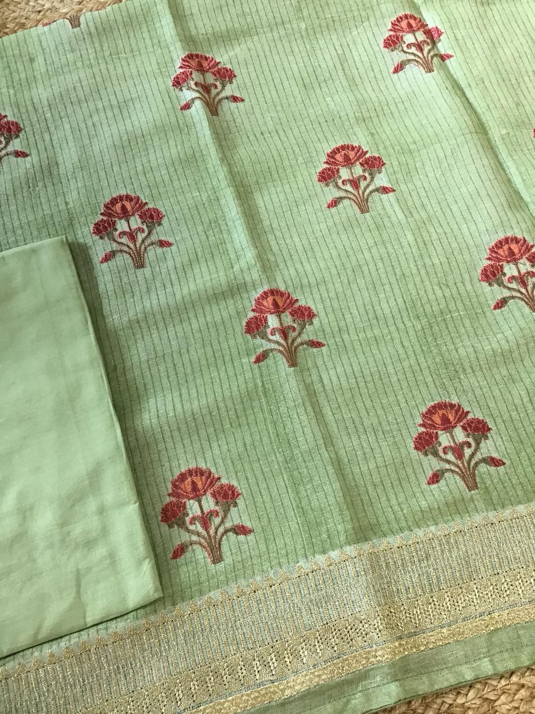 Pure Linen Jute Cotton Printed Embroidered Suit - Green