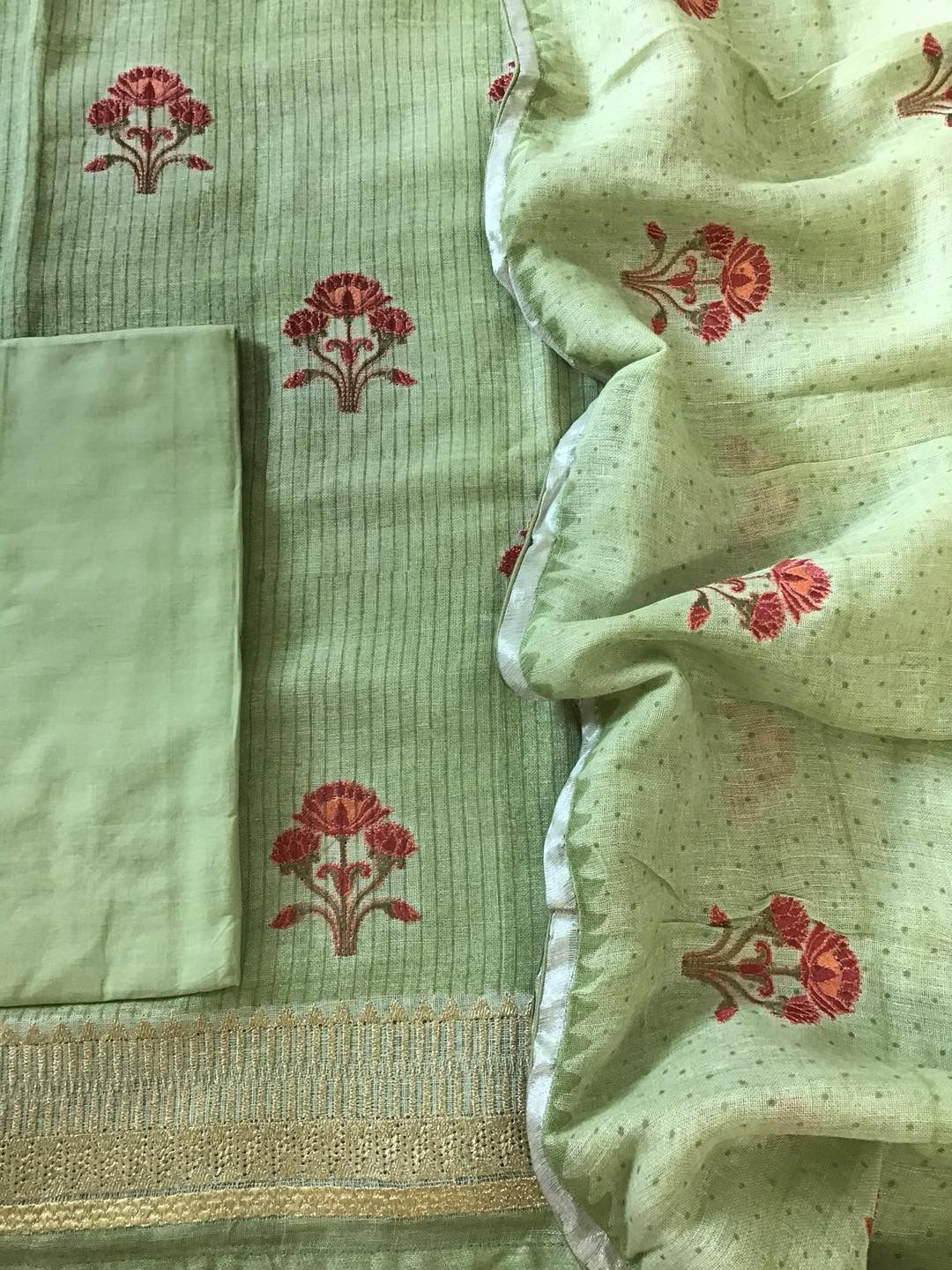 Pure Linen Jute Cotton Printed Embroidered Suit - Green