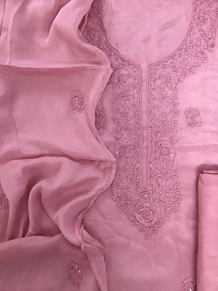 Image of Pure Chinnon Silk Embroidered Suit - Pink
