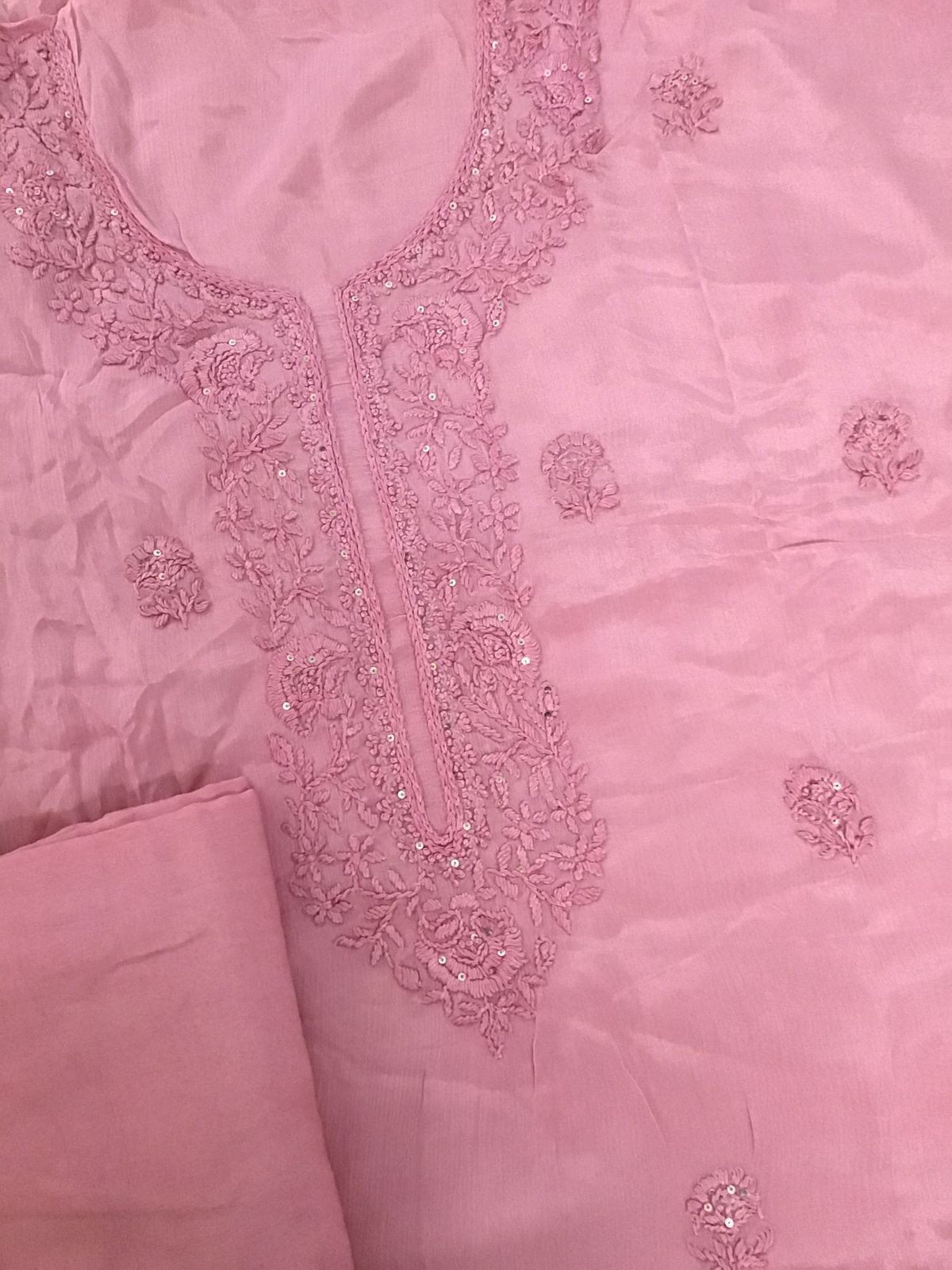 Pure Chinnon Silk Embroidered Suit - Pink