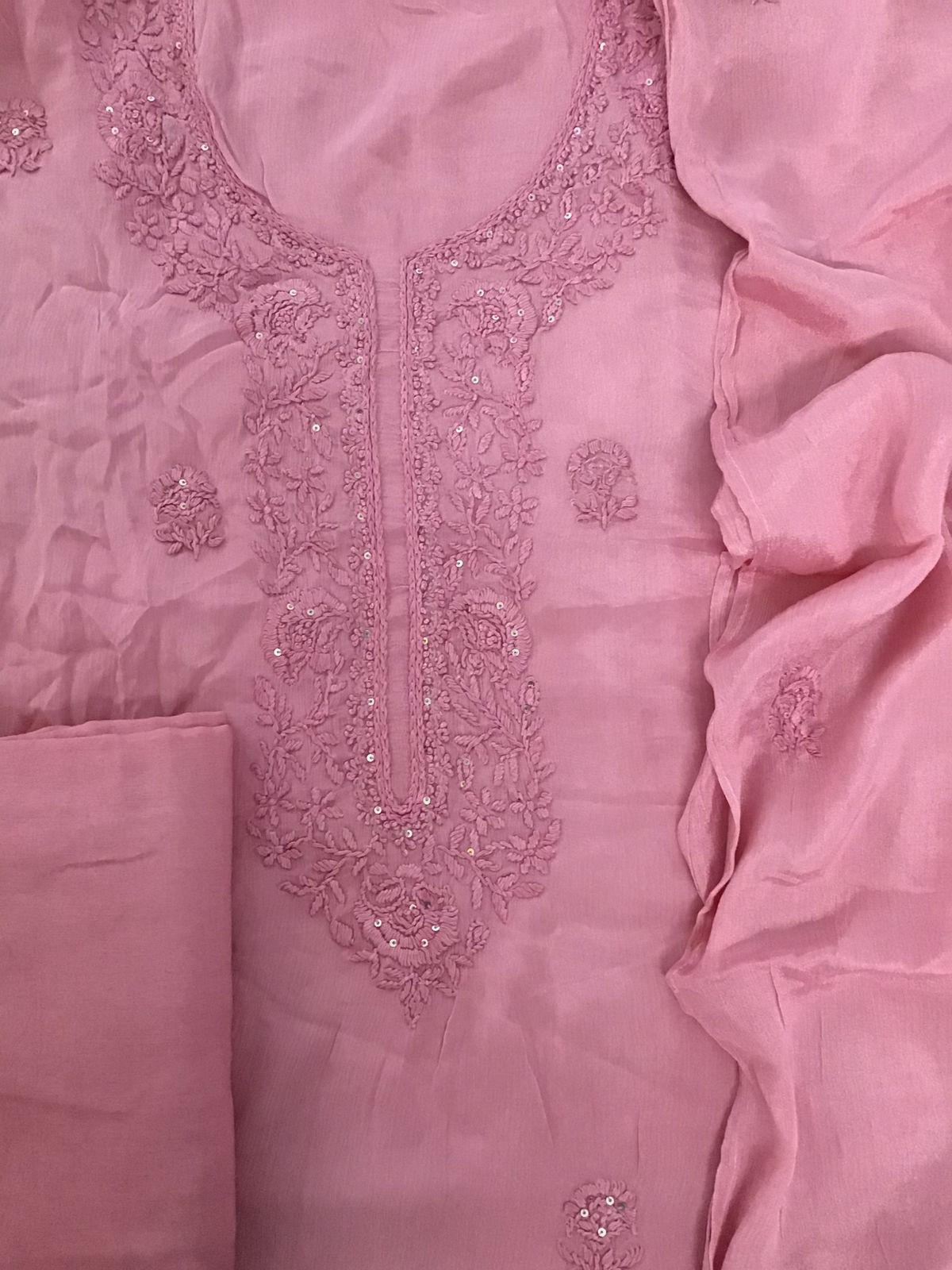 Pure Chinnon Silk Embroidered Suit - Pink