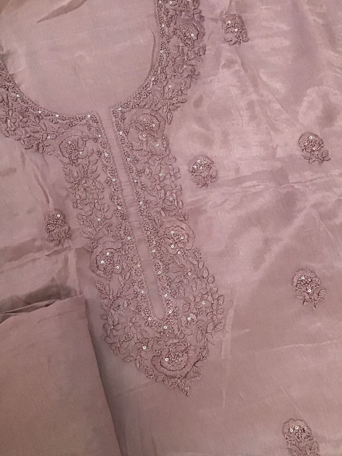 Pure Chinnon Silk Embroidered Suit - Mauve