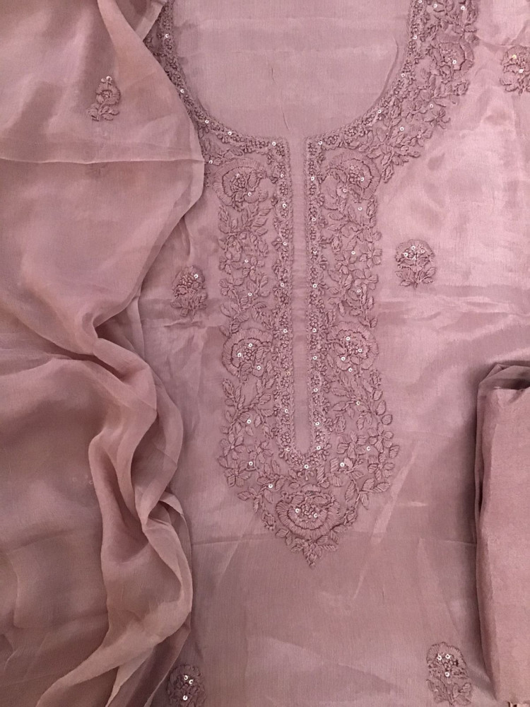 Image of Pure Chinnon Silk Embroidered Suit - Mauve