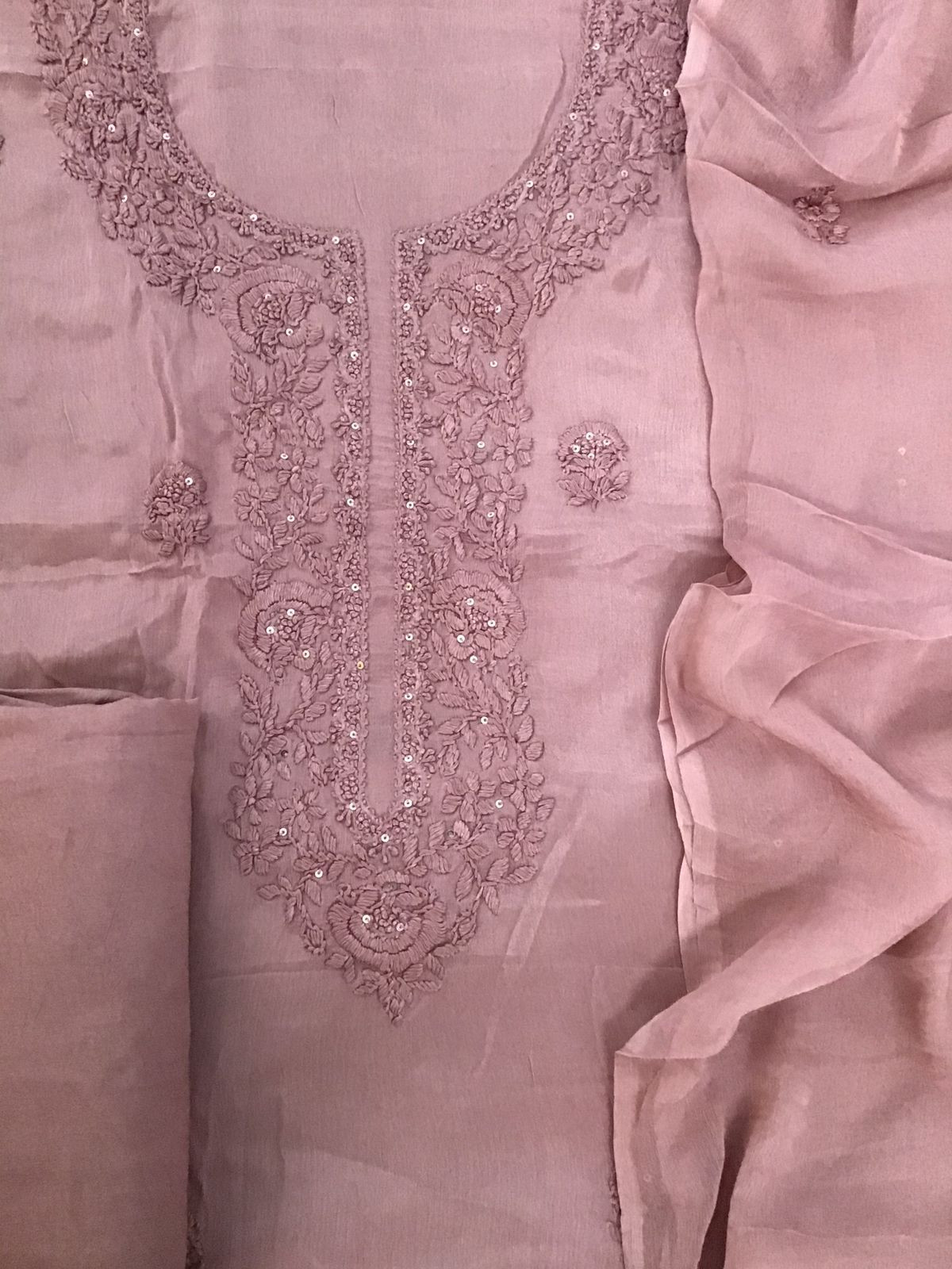 Pure Chinnon Silk Embroidered Suit - Mauve