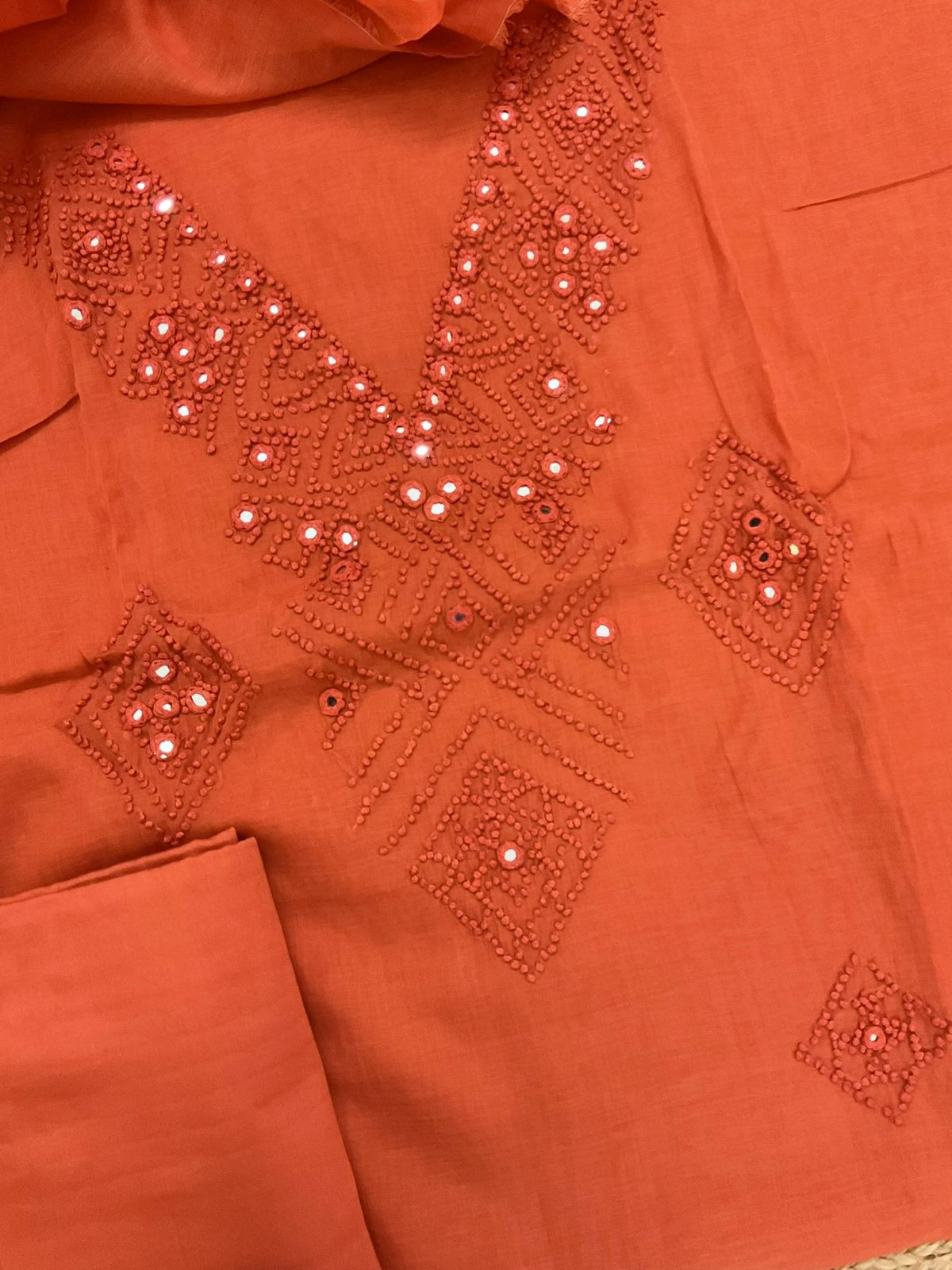 Pure Chanderi Embroidered Suit - Orange