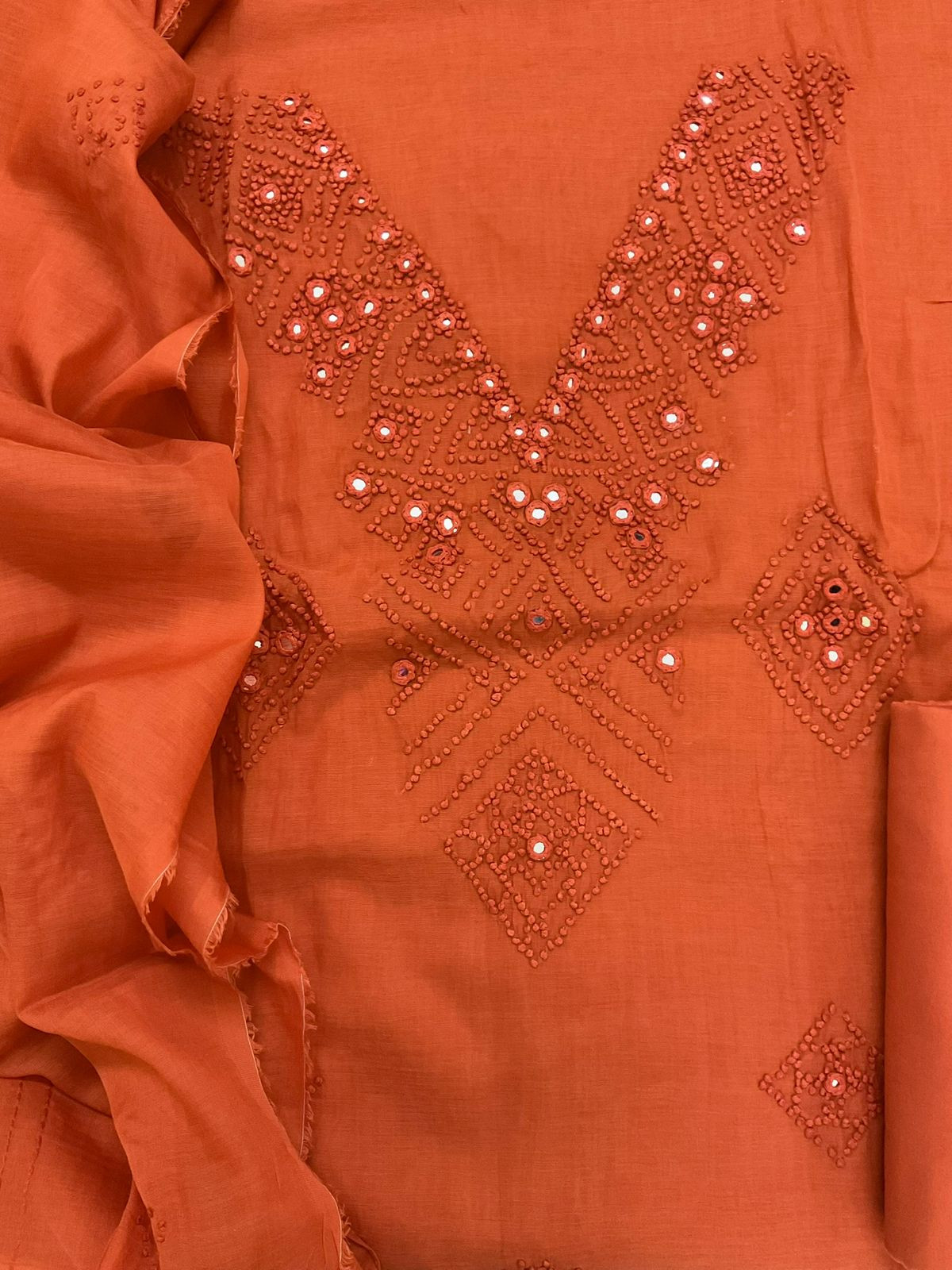 Pure Chanderi Embroidered Suit - Orange