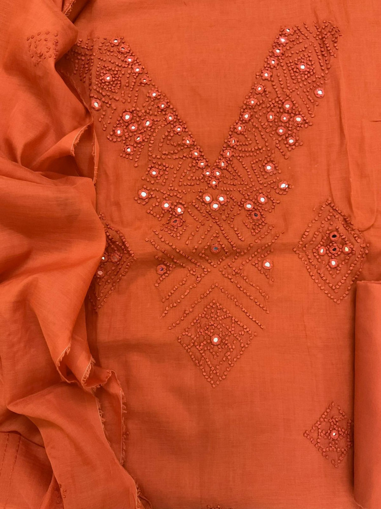 Image of Pure Chanderi Embroidered Suit - Orange