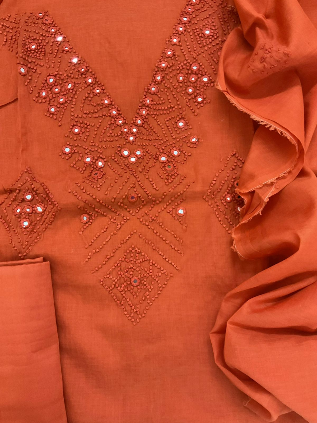 Pure Chanderi Embroidered Suit - Orange