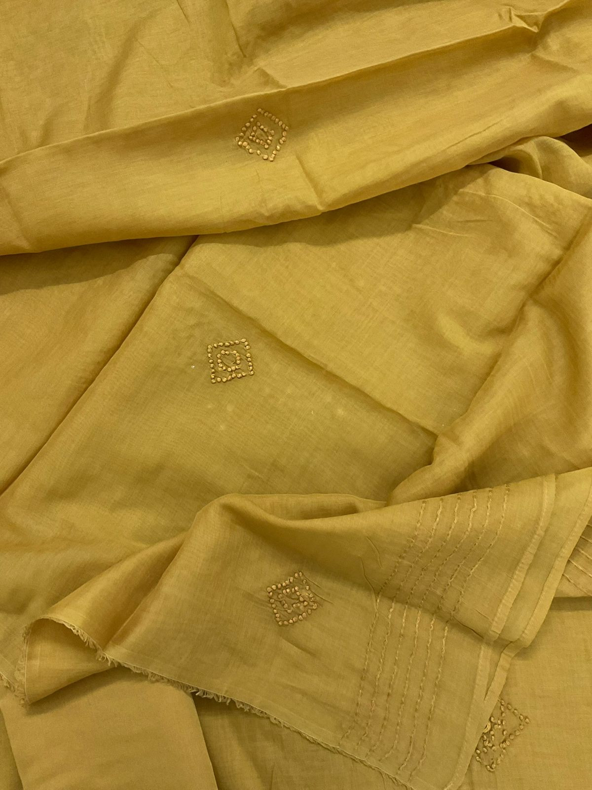 Pure Chanderi Embroidered Suit - Mustard