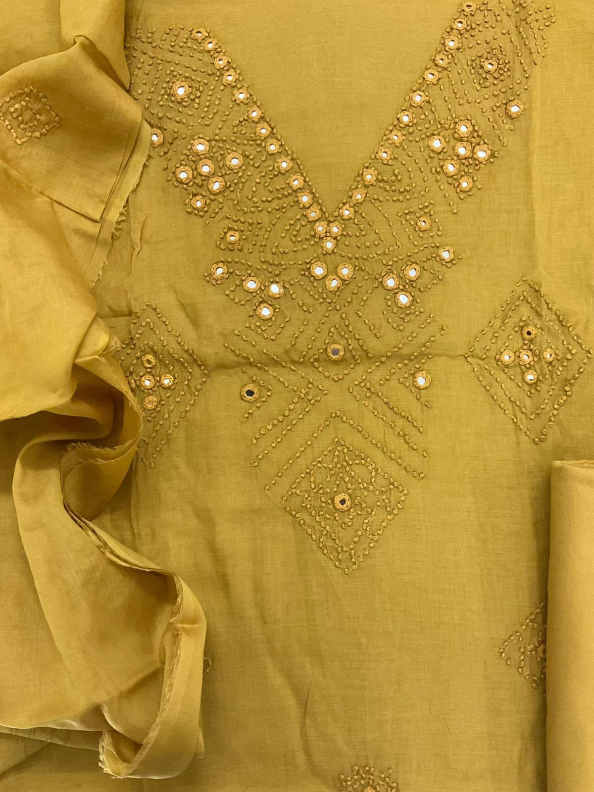 Pure Chanderi Embroidered Suit - Mustard