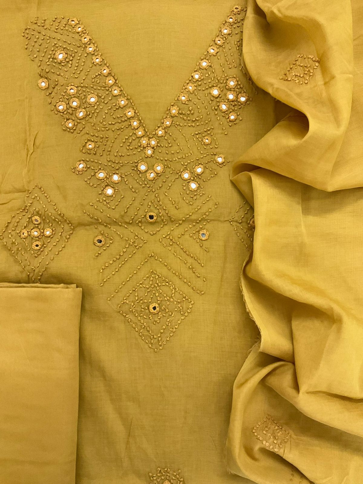 Pure Chanderi Embroidered Suit - Mustard
