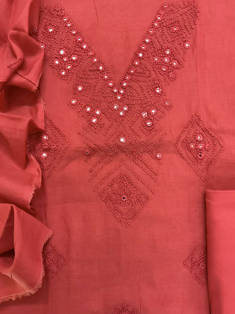 Image of Pure Chanderi Embroidered Suit - Red