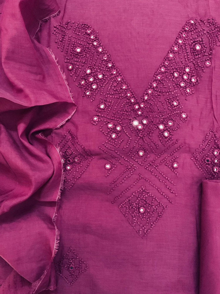 Image of Pure Chanderi Embroidered Suit - Wine