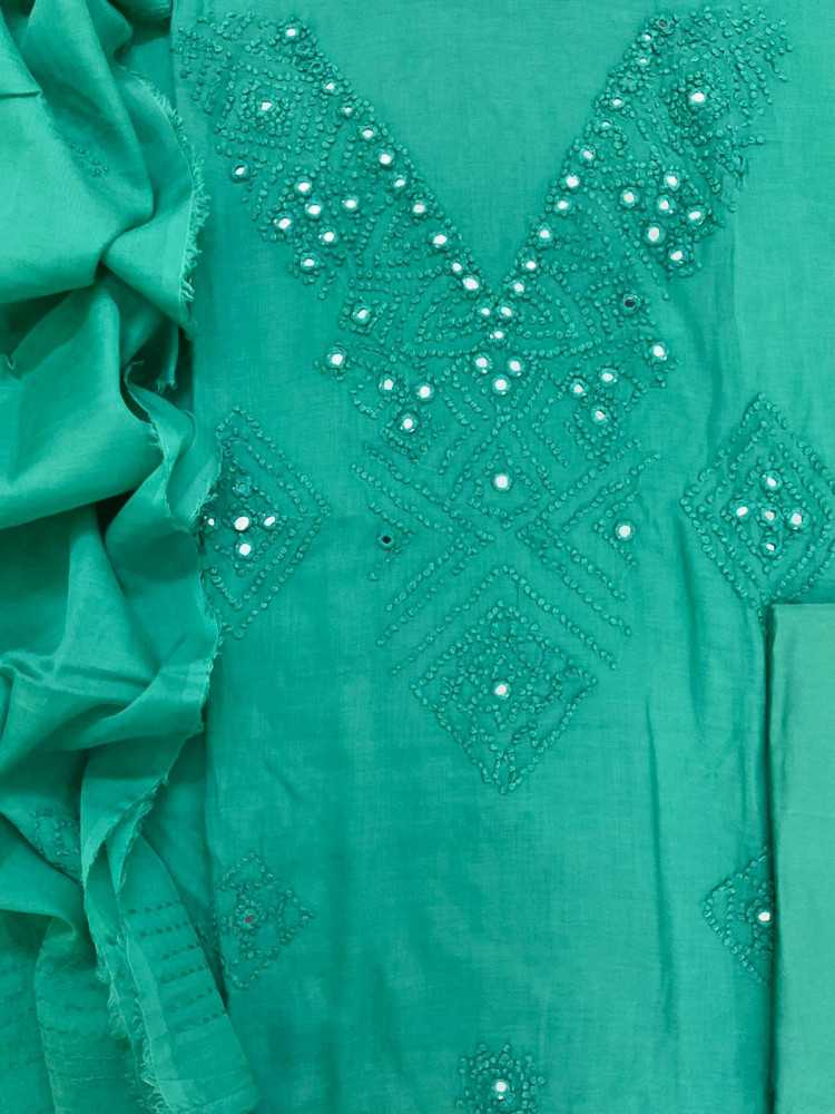 Image of Pure Chanderi Embroidered Suit - Green